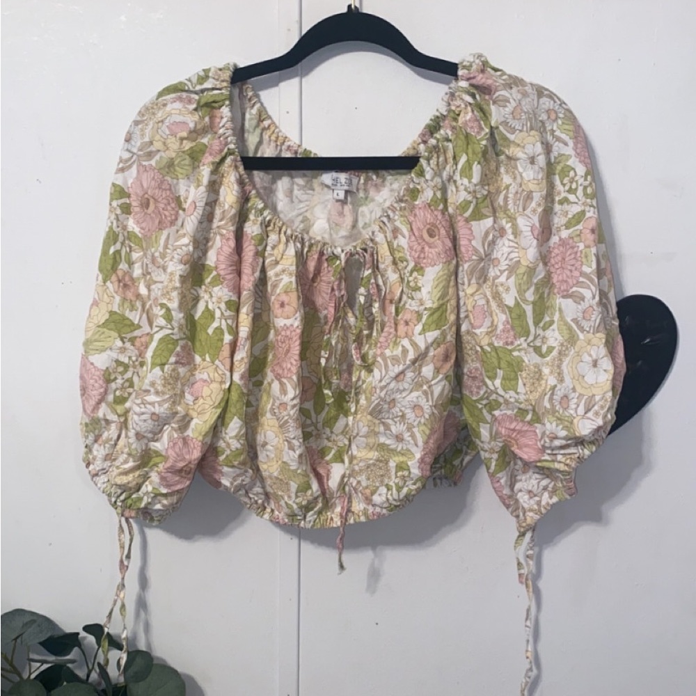 Rachel Zoe 3/4 sleeve floral tie front crop top